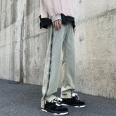 Threebooy Open Side Zippers High Street Jeans Men Street Straight Slim Denim Pants Vintage Trend Trousers Foot Opening Male Bottoms